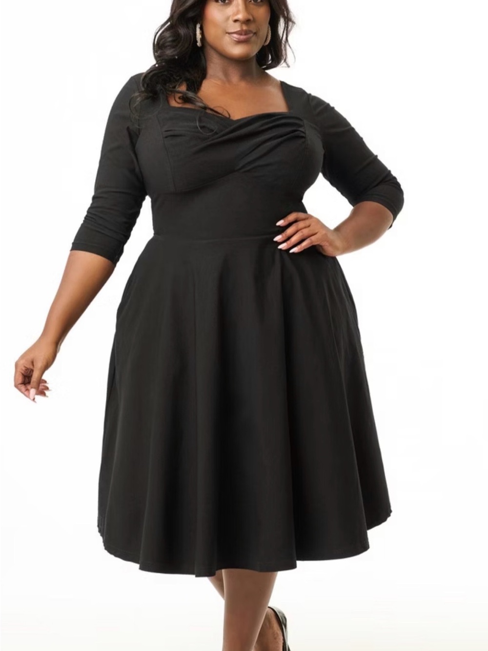 Unique Vintage Black Square-Neck Fit & Flare Midi Dress